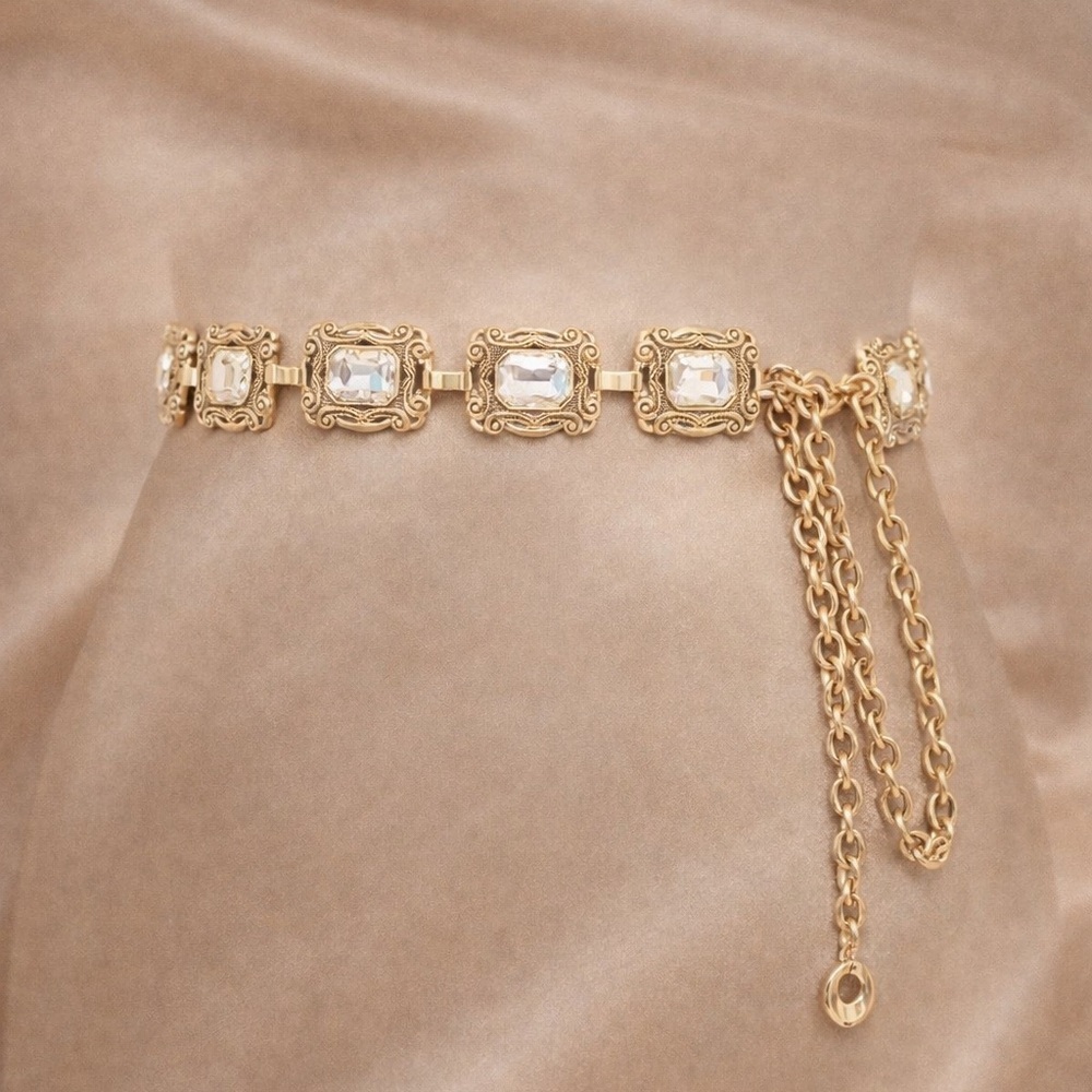 Vintage Crystal Chain Waist Belt Gold Statement Jewelry